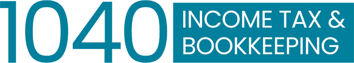 Logo with the number "1040" and the words "Income Tax & Bookkeeping" in white text on a teal background.